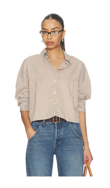  Lna Kayleigh Check Blouse In Brown. Size S. Also In Xs, M, L. 