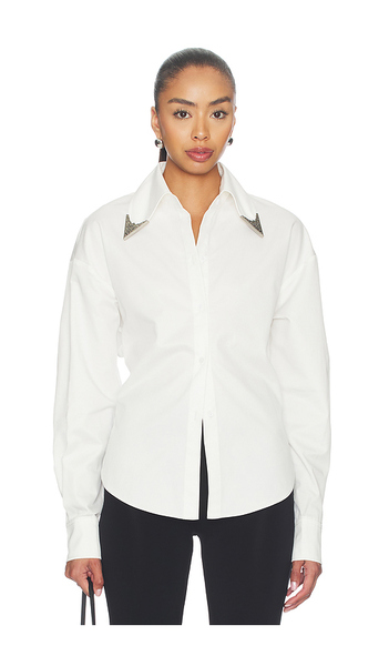  Markgong Tie-back Shirt With Metallic Pointed Collar In White. Size 34/2. Also In 36/4, 38/6, 40/8, 42/10. 