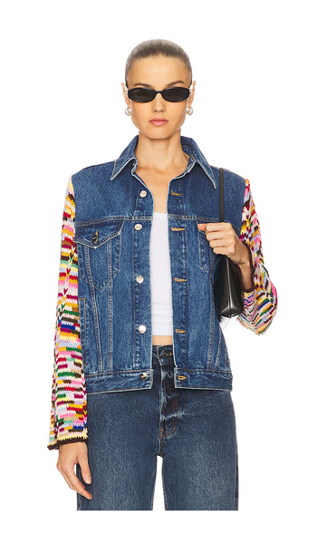  Monse Crochet Sleeves Denim Jacket In Blue. Size 2/s. Also In 4/m, 6/l. 