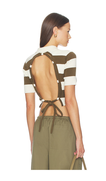  Monse Rope-laced Half Placket Knit Top In Ivory,brown. Size Xs. Also In M. 