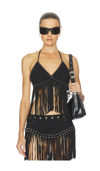  One Teaspoon Rebel Rider Fringed Studded Suede Cami Top In Black. Size Xxs. Also In S, M, L, Xl. 