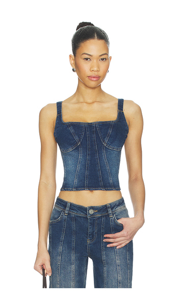  Ow Collection Devin Denim Top In Denim-dark. Size S. Also In Xs, M, L. 