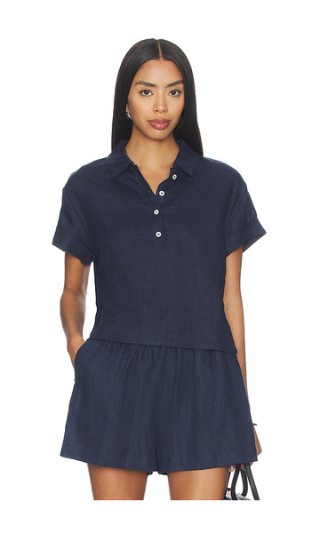  Perfectwhitetee Linen 1/4 Button Down Collared Tee In Navy. Size Xs. Also In S, M. 