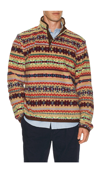  Polo Ralph Lauren Long Sleeve Printed Vintage Fleece Snap Mockneck Pullover In Brown. Size S. Also In L, Xl/1x. 