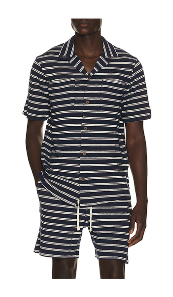  Polo Ralph Lauren Short Sleeve Cotton Bar Stripe Textured Andy Camp Shirt In Blue. Size S. Also In M, L, Xxl/2x. 