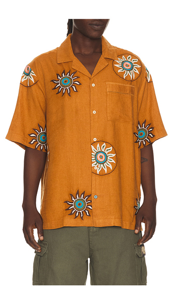  Scotch & Soda Embroidered Linen Relaxed Fit Short Sleeve Shirt In Orange. Size S. Also In M, L, Xl/1x. 