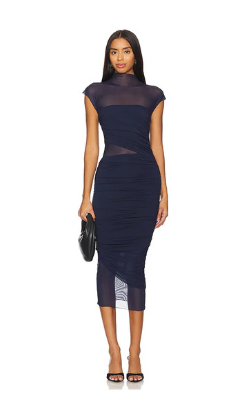  Seroya Tabitha Mesh Ruched Midi Dress In Navy. Size Xs. Also In S, Xl, Xxs. 