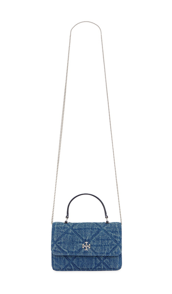  Tory Burch Kira Diamond Quilt Denim Mini Top Handle Chain Wallet In Blue. 