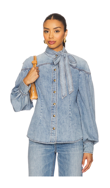  Zimmermann Denim Tie Neck Blouse In Blue. Size 1/s. Also In 0/xs. 