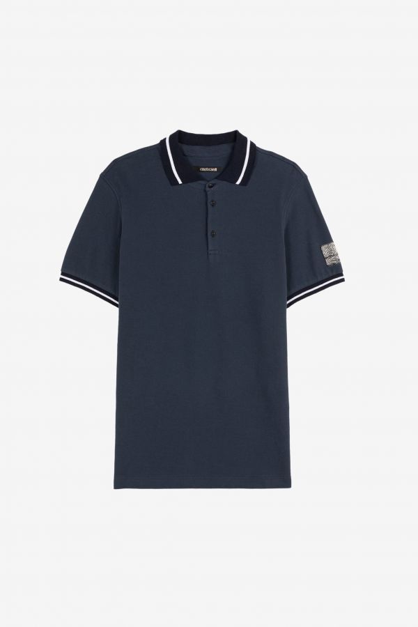  Roberto Cavalli Animalier Patchwork-print Appliqué Polo Shirt - Male T-shirts And Polos Dark Blue Xl 