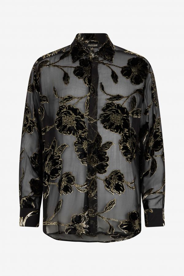  Roberto Cavalli Black And Gold See-through Shirt With Floral Pattern - Male Shirts Black And Gold 48 