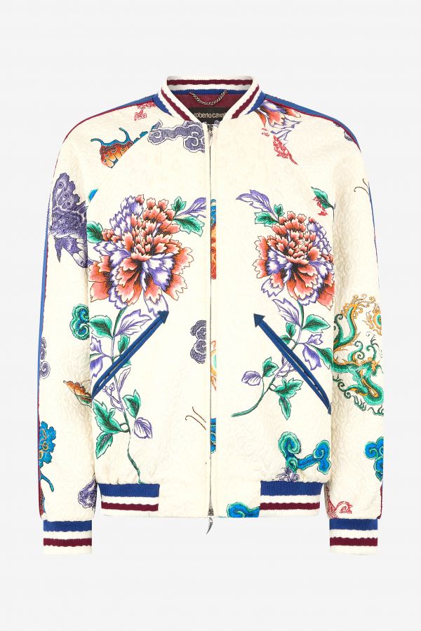 Roberto Cavalli Bomber Jacket With Dragon, Flowers And Butterflies - Male Promo Sale Fw2025 Ivory Multicolor 46 
