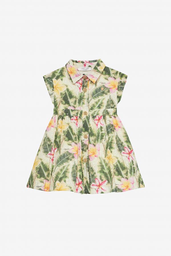  Roberto Cavalli Broderie Anglaise Dress With Leaf And Flower Print - Female Baby Girls (6m-3y) Light Green 09m 
