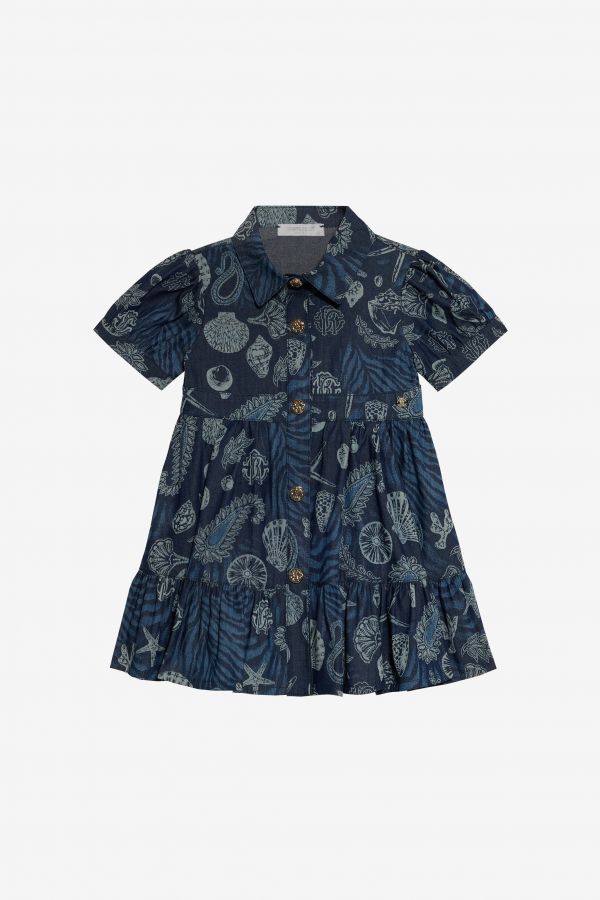  Roberto Cavalli Cotton Dress With Marine Print And Flounce - Female Baby Girls (6m-3y) Dark Blue 03a 