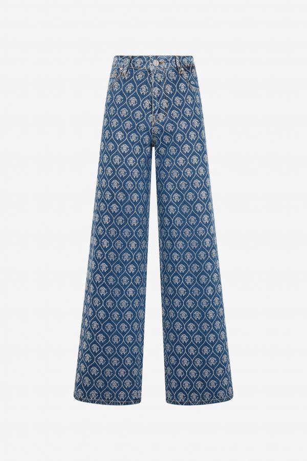  Roberto Cavalli Denim Jeans With All-over Monogram In Rhinestones - Female Ready To Wear Light Blue 40 