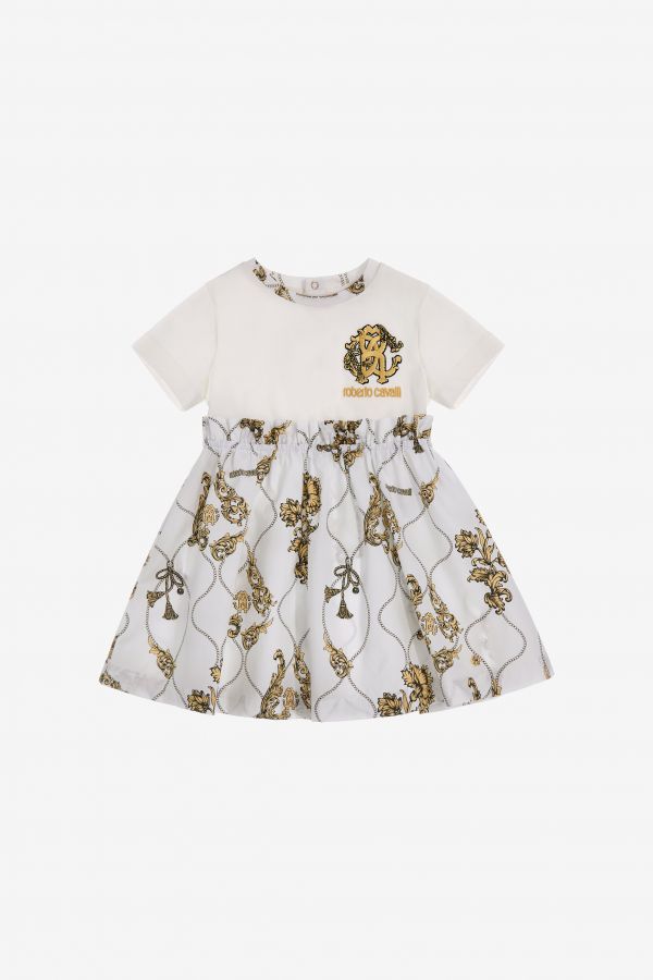  Roberto Cavalli Dress With Arabesque Print And Rc Monogram Embroidery - Female Ready To Wear Milky White 18m 