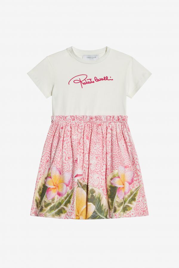 Roberto Cavalli Dress With Broderie Anglaise And Printed Skirt - Female Girls (4-16y) Milky White/pink 04a 