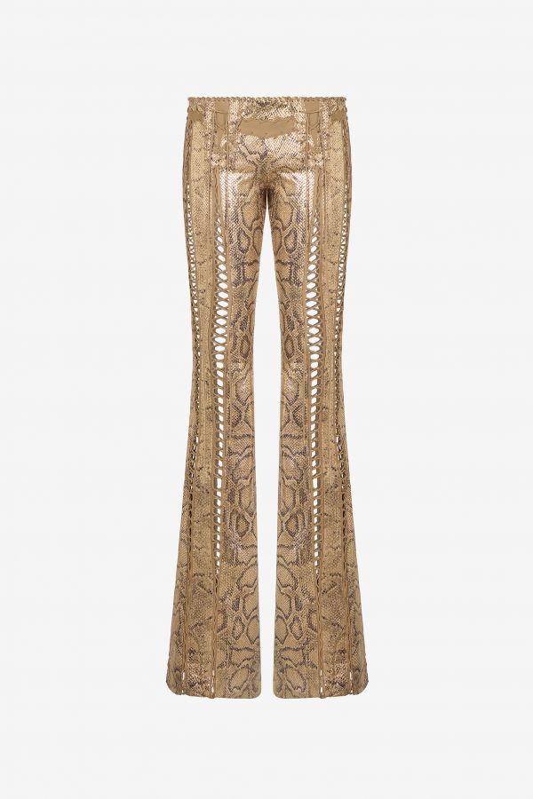  Roberto Cavalli Gold Leather Pants With Python Print And Cut-out Details - Female Trousers & Shorts Gold 38 