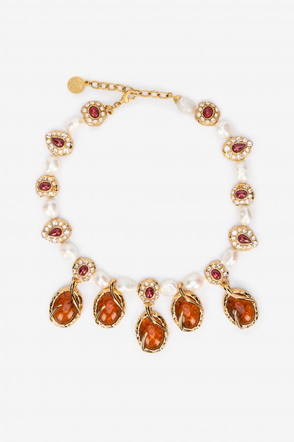  Roberto Cavalli Golden Necklace With Pearls And Topaz-effect Stones - Female  Oro/topazio/bianco Unica 