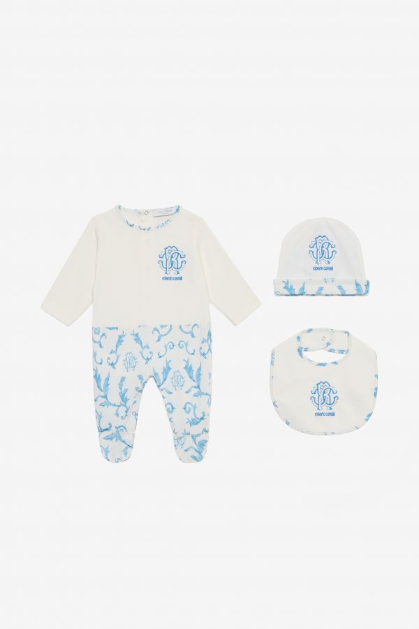  Roberto Cavalli Hat, Bib And Romper Suit Set With Rc Monogram And Print -  New Born (1-18m) Light Blue 01m 