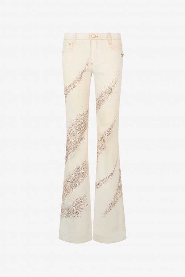  Roberto Cavalli Ivory Flared Jeans With Gold Animal-print Detailing - Female Trousers & Shorts Ivory/gold 46 
