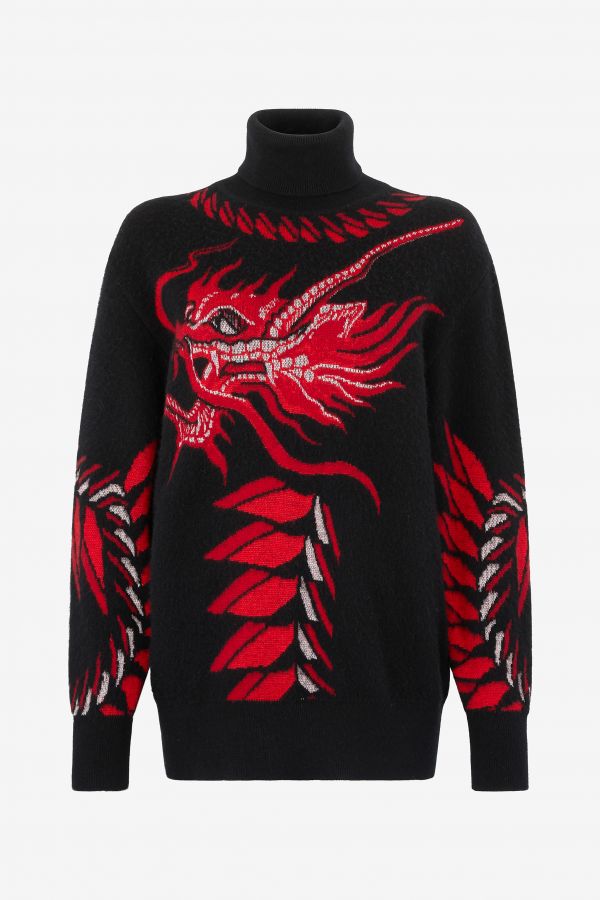  Roberto Cavalli Long Sweater With Pattern And Dragon - Female  Black/red L 