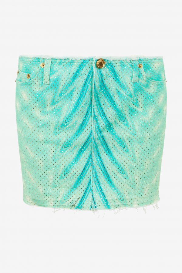  Roberto Cavalli Miniskirt With Optical Glass Print And Micro Studs - Female Ready To Wear Light Green 40 