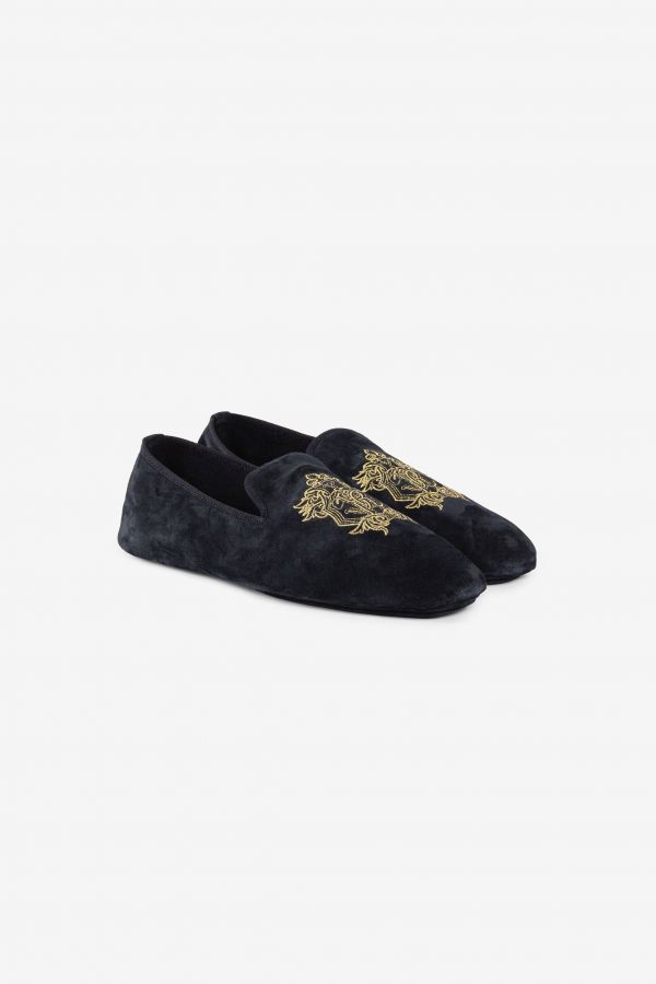  Roberto Cavalli Mirror Snake Crest-embroidered Velvet Slippers - Male Loafers & Moccasins Dark Blue 42 