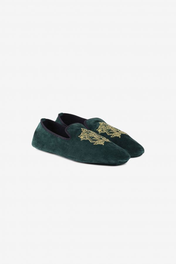  Roberto Cavalli Mirror Snake Crest-embroidered Velvet Slippers - Male Loafers & Moccasins Dark Green 40 