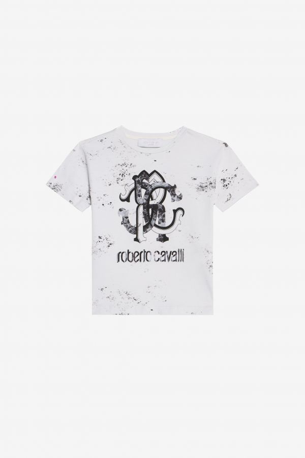  Roberto Cavalli Optical White T-shirt With Marbled Rc Monogram - Male T-shirts And Polos Optical White 12a 