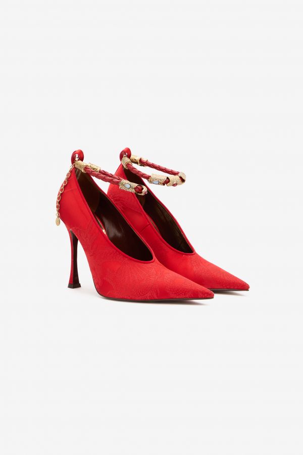  Roberto Cavalli Pumps With Jacquard Pattern And Jewel Strap - Female  Red 41 