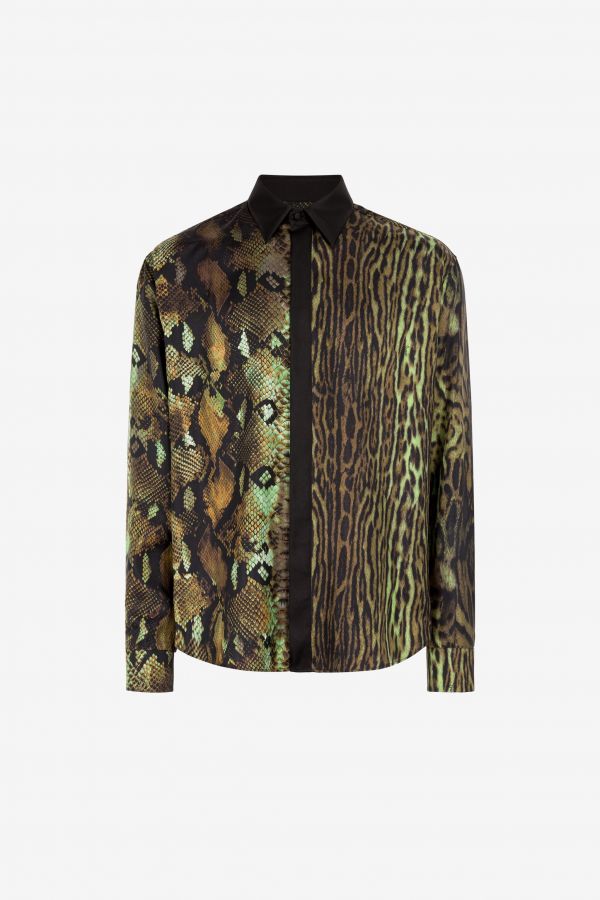  Roberto Cavalli Python And Ocelot-print Silk Shirt - Male Shirts Military 46 