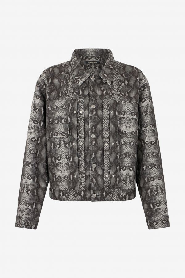  Roberto Cavalli Python Print Denim Jacket - Male Jackets Python Dark Grey S 