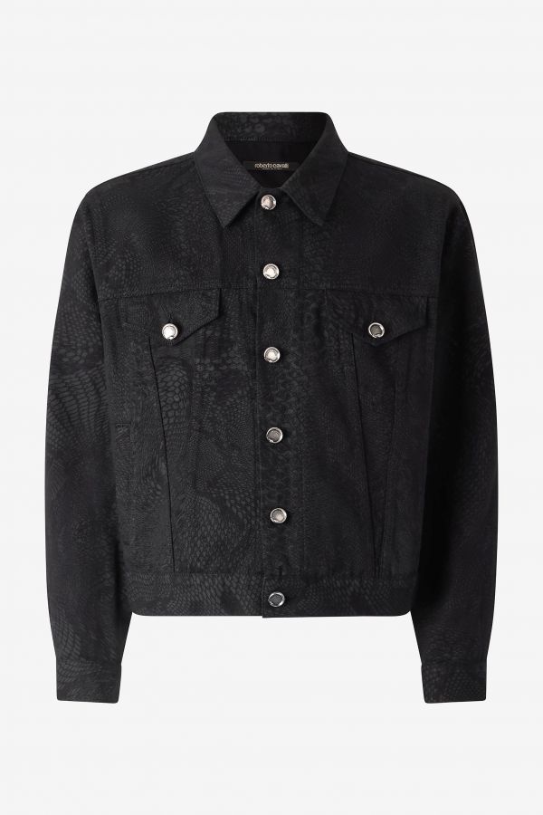  Roberto Cavalli Python-print Denim Jacket - Male Ready To Wear Black 56 