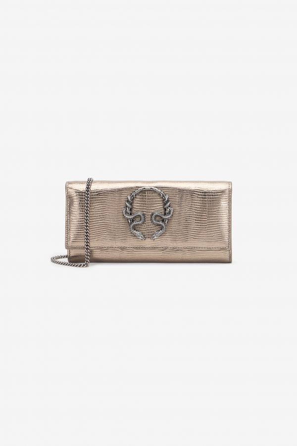  Roberto Cavalli Serpentine Gold Lizard-effect Wallet On Chain - Female Small Leather Goods Silver Unica 