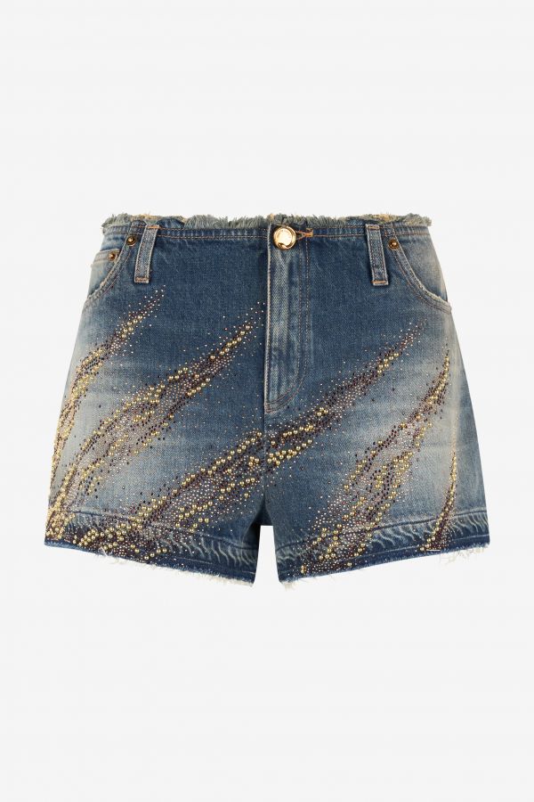  Roberto Cavalli Shorts With Studded And Rhinestone-detailed Zebra Pattern - Female Ready To Wear Blue 38 