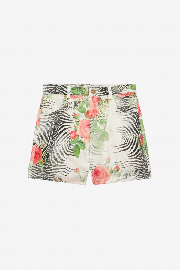  Roberto Cavalli Shorts With White Tigress And Rose Print - Female Girls (4-16y) Multicolor Zebra Ros 04a 