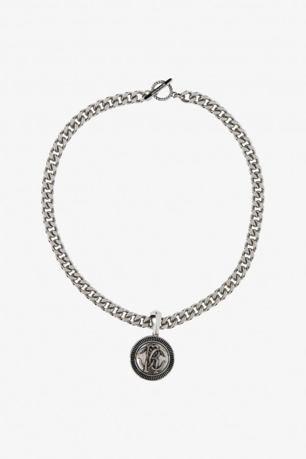  Roberto Cavalli Silver-tone Curb Chain Necklace With Monogram Rc - Male Fashion Jewelry Silver Unica 