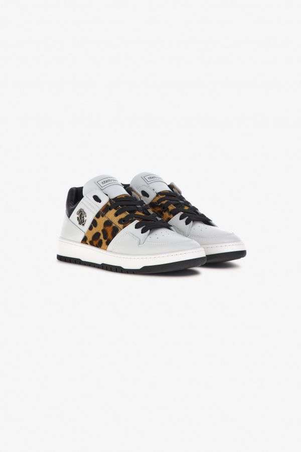  Roberto Cavalli Sneakers With Monogram Mirror Snake And Leopard Print - Male Sneakers White/light Brown 45 