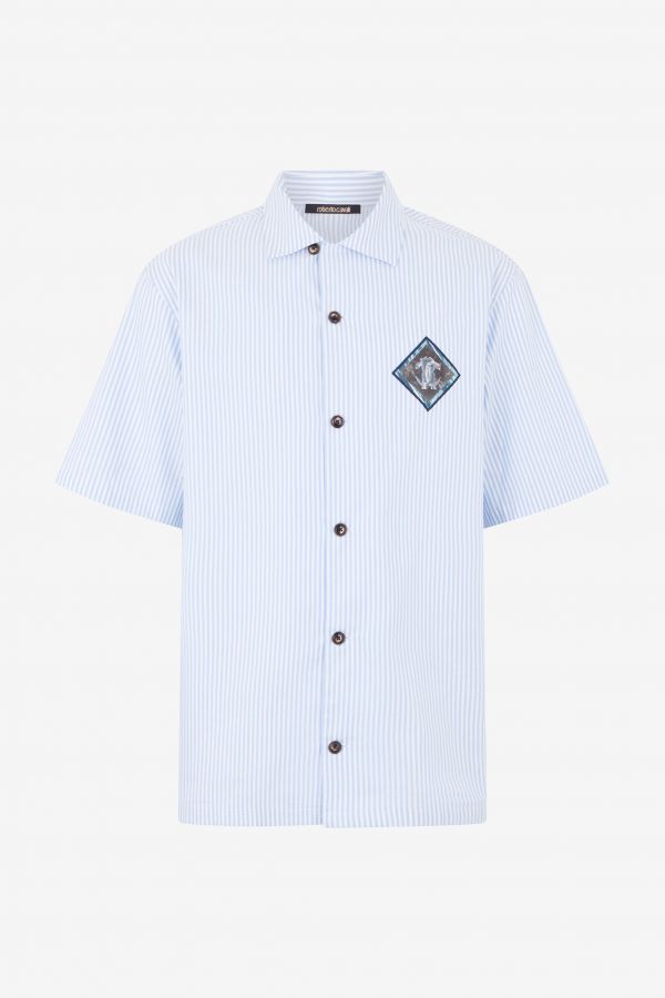  Roberto Cavalli Striped Cotton Shirt With Monogram Rc Patch - Male Ready To Wear White/blue Stripes M 