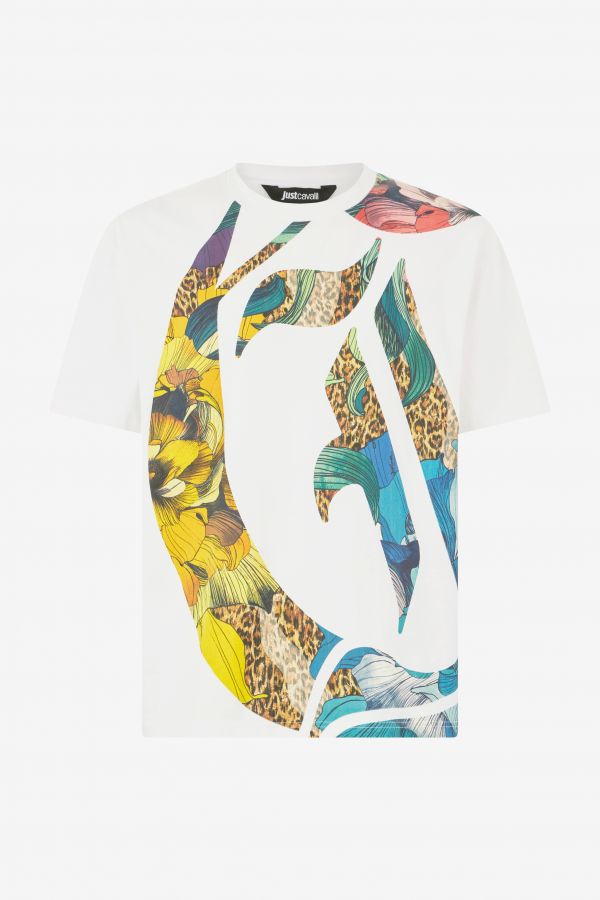  Roberto Cavalli T-shirt With Jc Monogram, Jaguar Skin And Floral Print - Male Ready To Wear White Xxl 