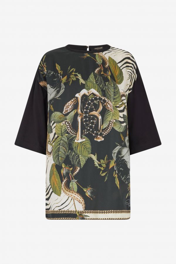  Roberto Cavalli T-shirt With Mirror Snake Monogram And Jungle Print - Female Ready To Wear Dark Green 44 