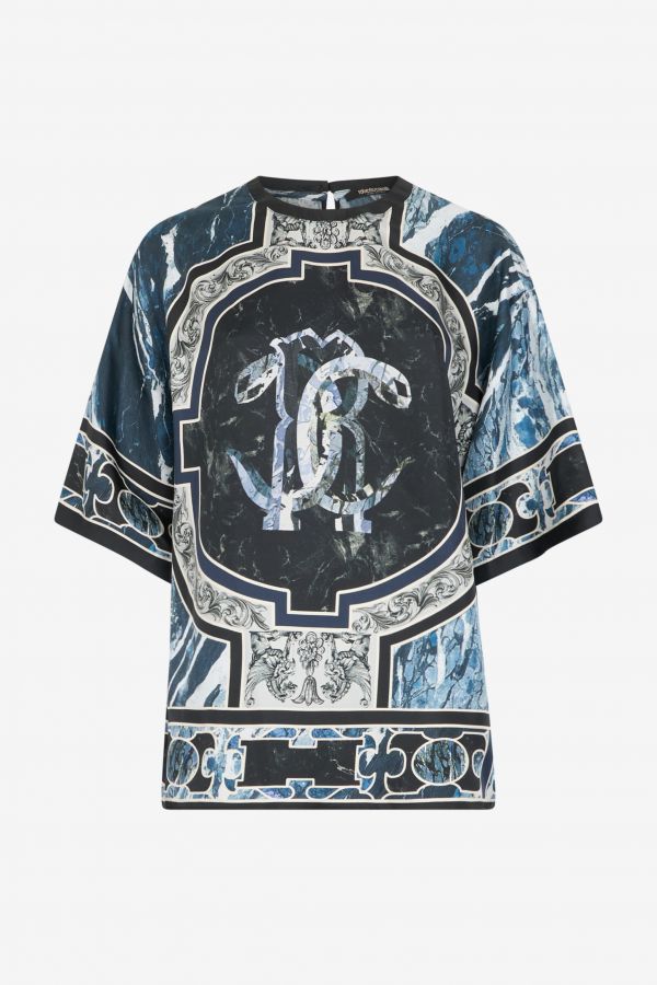  Roberto Cavalli T-shirt With Mirror Snake Monogram And Marble Print - Female Ready To Wear Dark Blue 46 