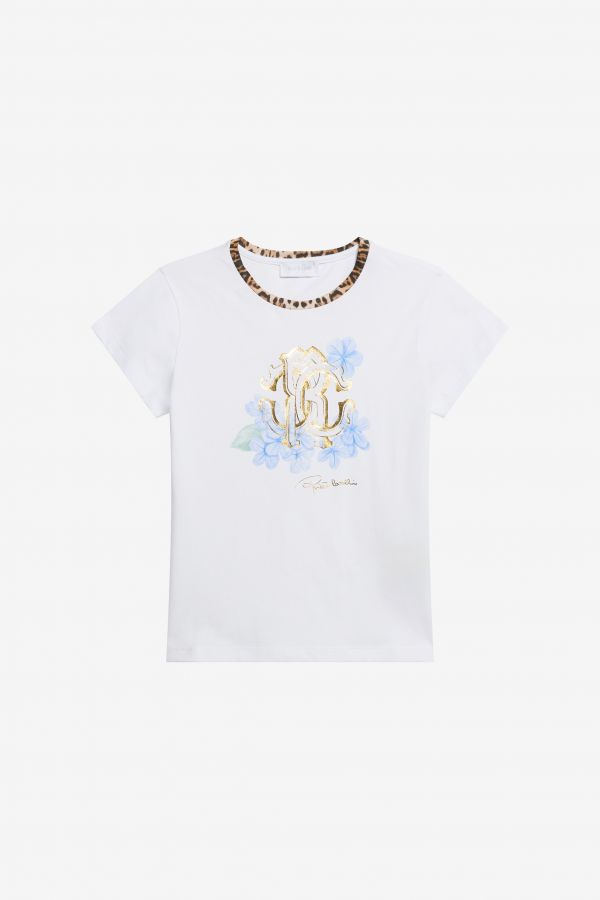  Roberto Cavalli T-shirt With Rc Floral Logo And Leopard Detail - Girl Ready To Wear Optical White 08a 
