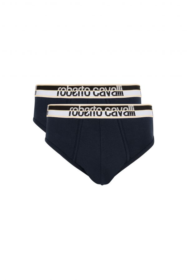  Roberto Cavalli Two-pack Navy Blue Cotton Briefs With Logo Waistband - Male Ready To Wear Dark Blue Xxl 