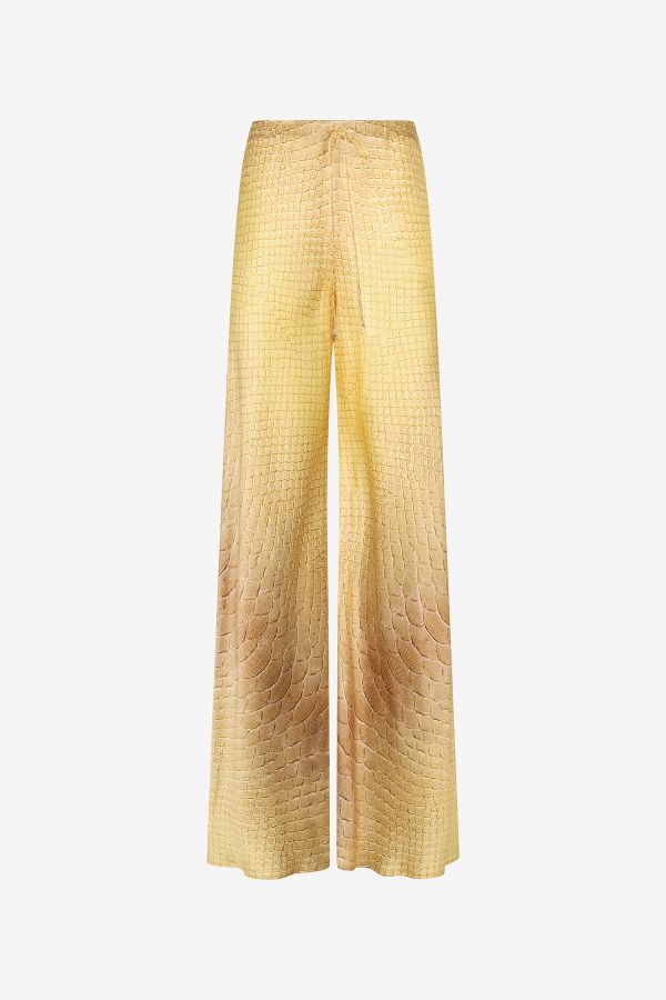  Roberto Cavalli Wide-leg Silk Pants With Beige And Sand Serpentine Print - Female Trousers & Shorts Beige/sand 46 