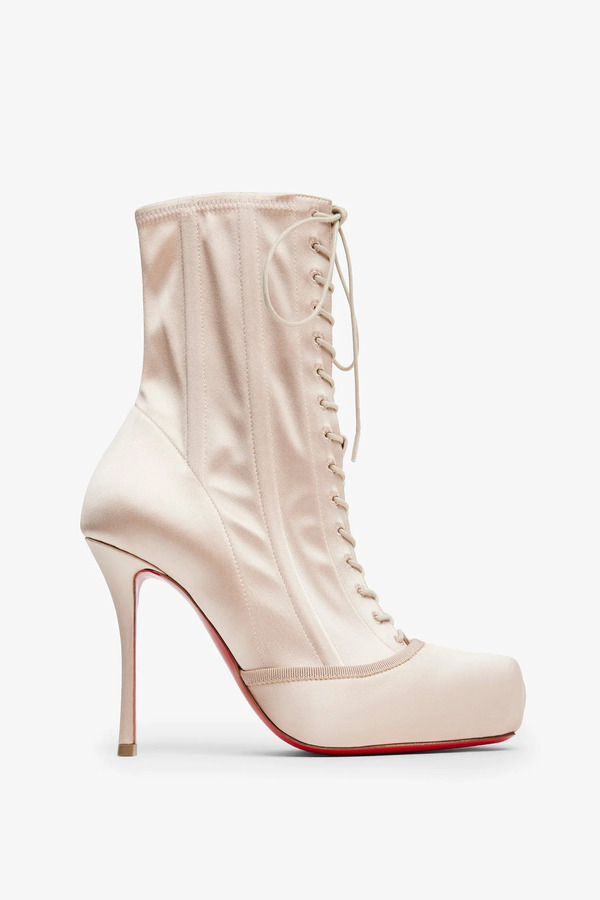  Christian Louboutin Pavlova 100 Lace Up Blush Satin Boots 