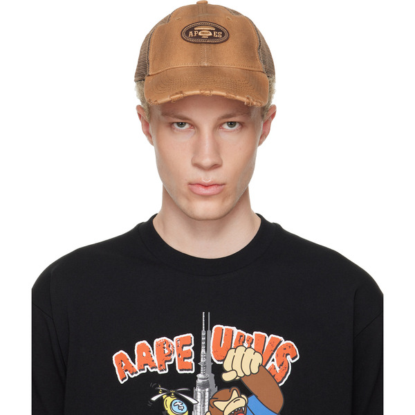  Aape By A Bathing Ape Tan Moonface Logo Distressed Cap 