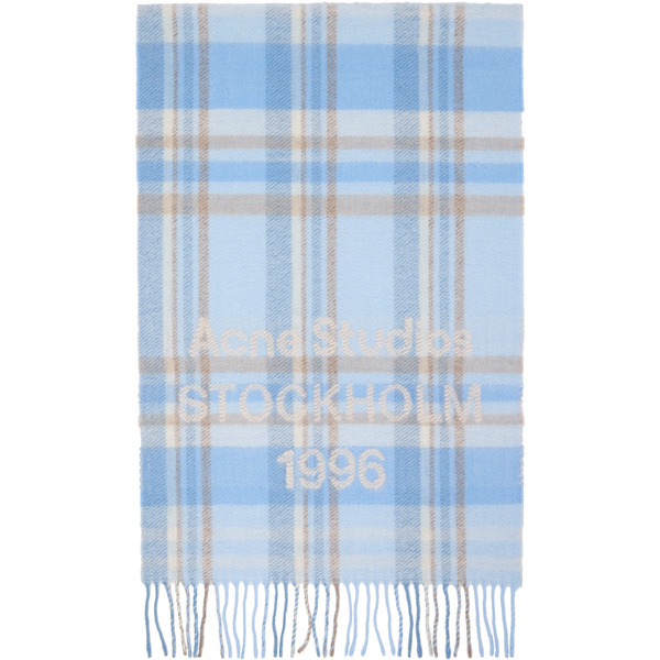 Acne Studios Blue Wide Check Logo Scarf 
