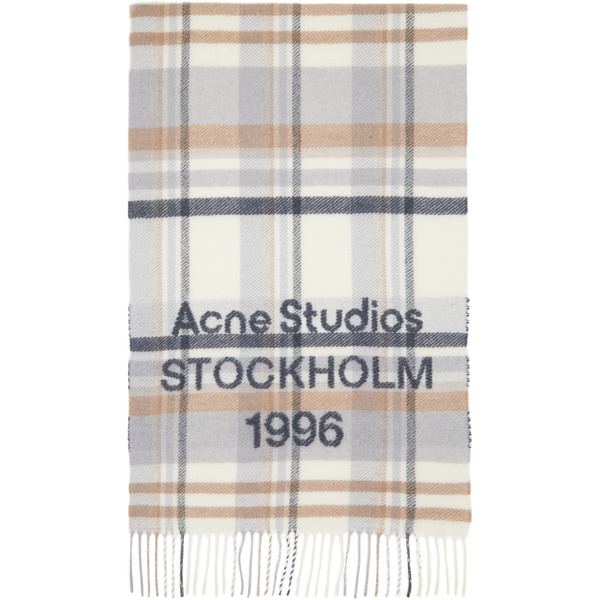  Acne Studios Gray & Beige Check Logo Wide Scarf 